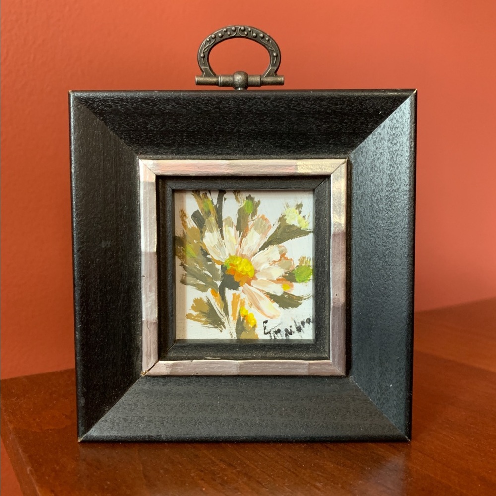 Mini Framed Floral Painting Vintage Signed Original Art with Hanger